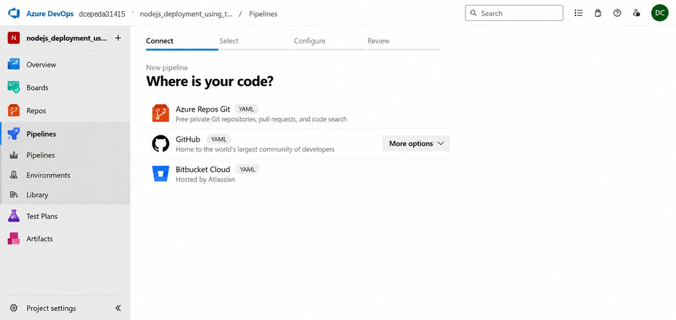 Selecting Azure Repos Git as the source