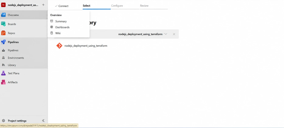 Selecting the repository for the Node.js pipeline
