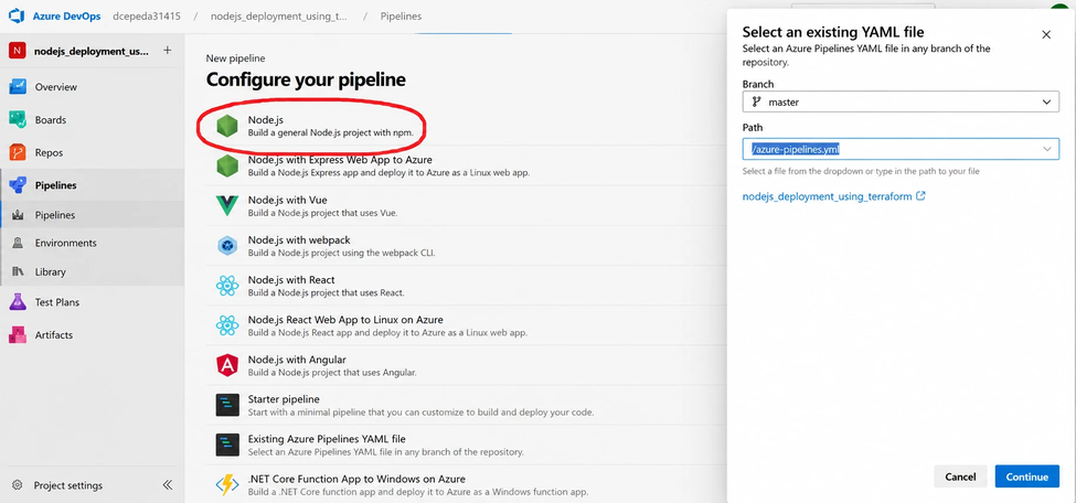 Choosing a starter Node.js YAML pipeline