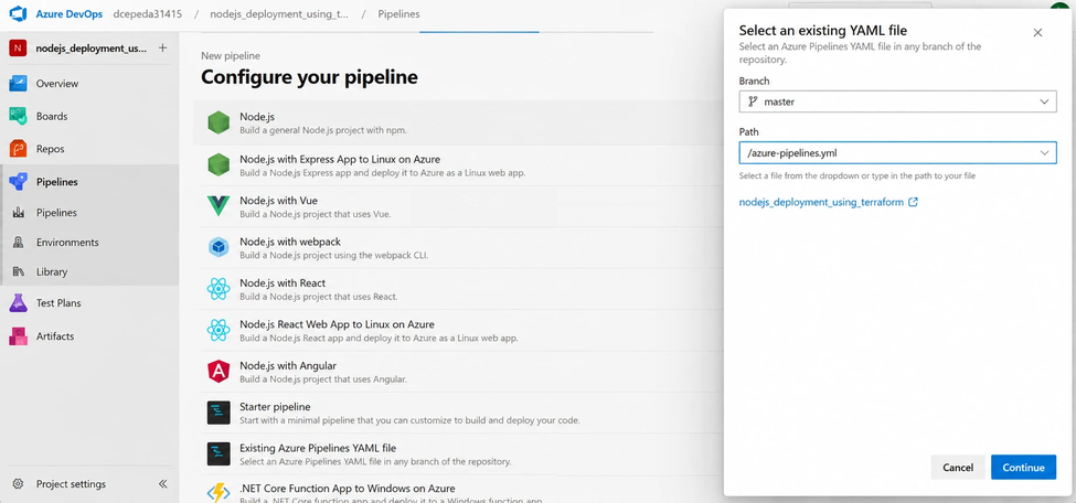 Selecting the Azure Pipelines YAML file