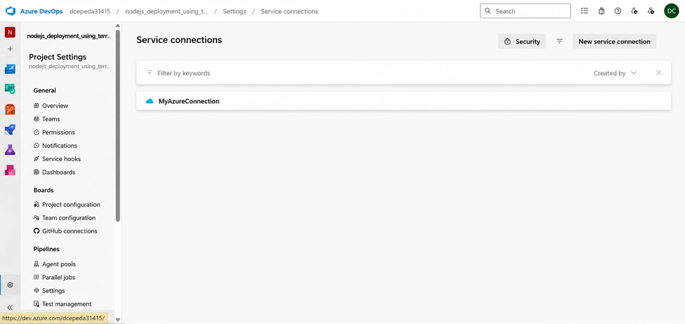 The MyAzureConnection service connection in Project Settings