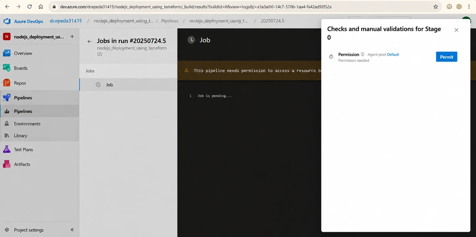First-run permission prompt for the pipeline