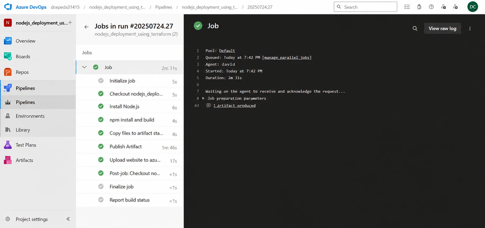 Node.js deployment pipeline running successfully