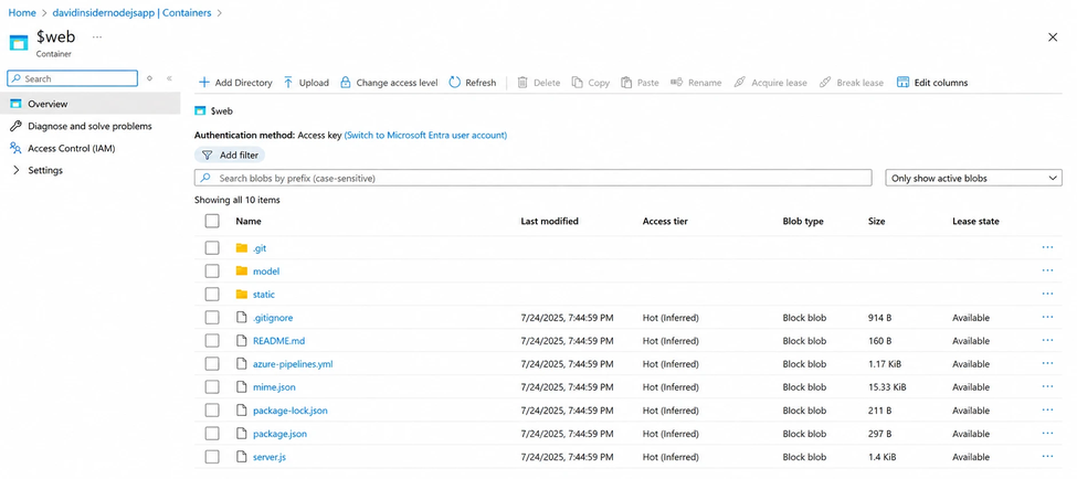 Static website artifacts uploaded to the $web container