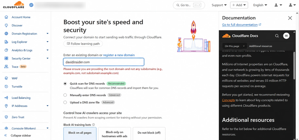 Adding the domain to Cloudflare