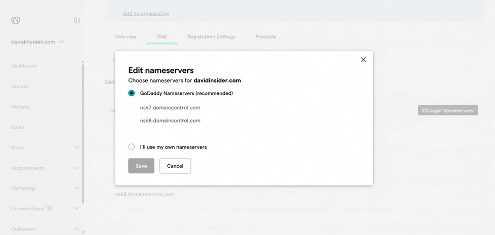 GoDaddy nameserver options before switching to custom nameservers