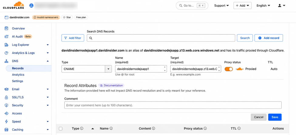 Cloudflare DNS CNAME record for the Azure static website