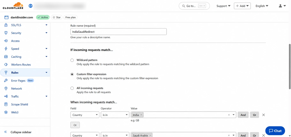 Country-based redirect filter expression