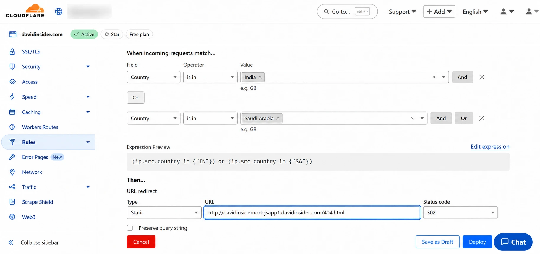 Static 302 redirect configuration