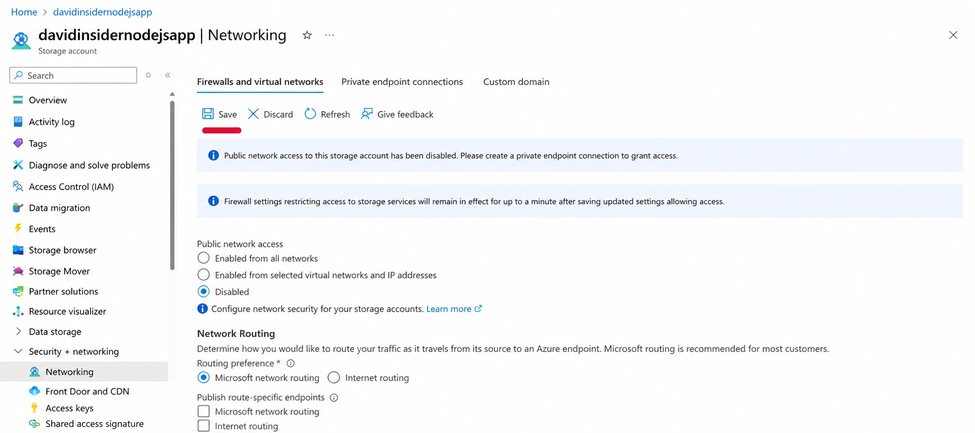 Disabling public network access on the Azure Storage account