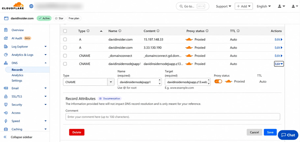 Editing the subdomain CNAME record in Cloudflare