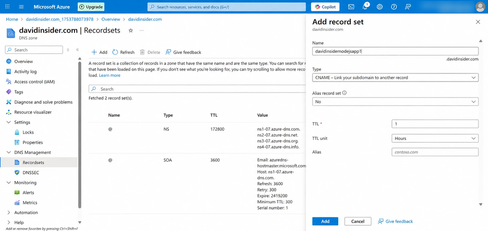 Azure DNS nameserver values