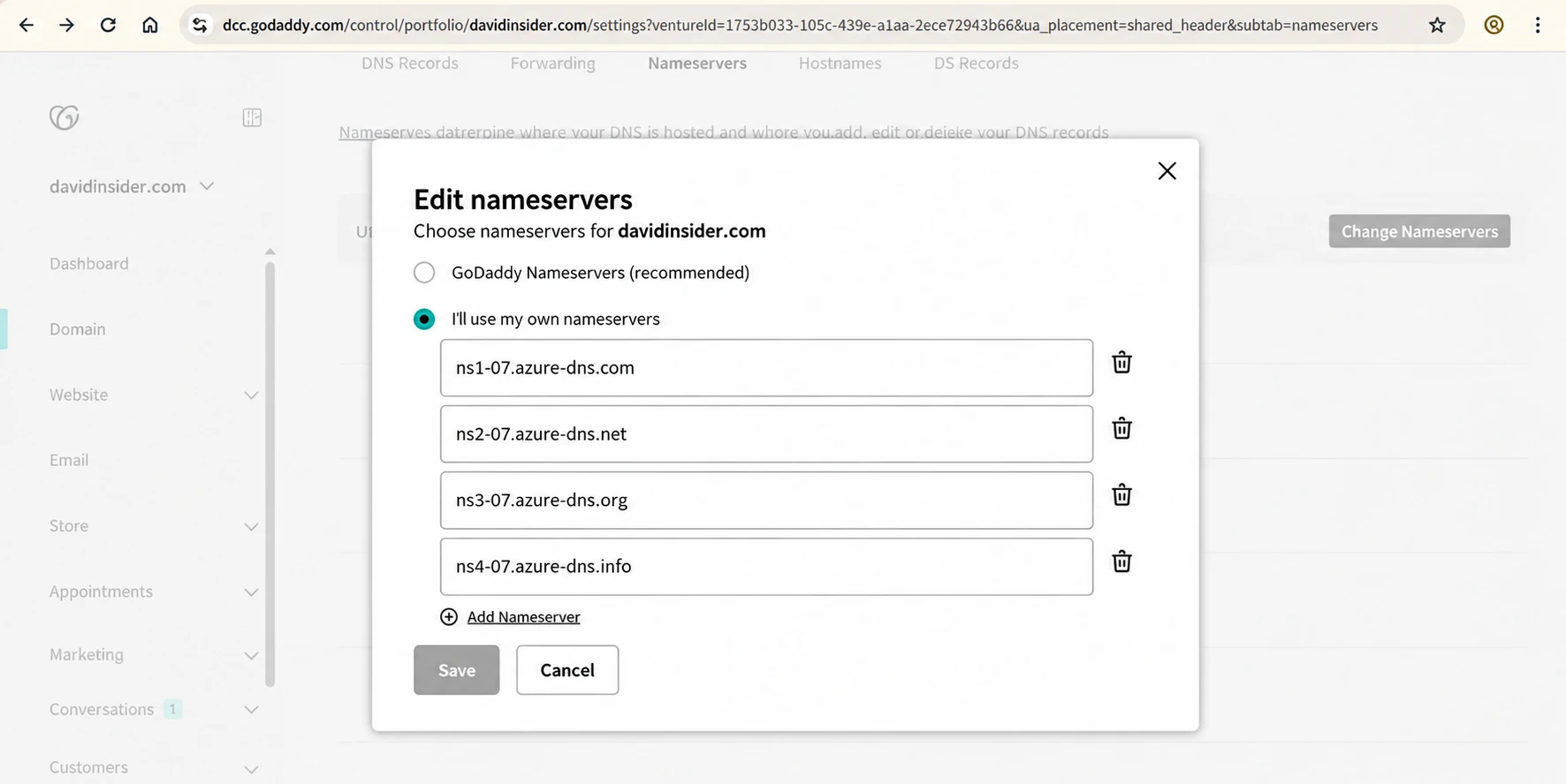 Changing GoDaddy nameservers to Azure DNS