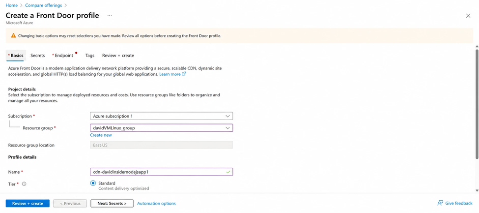Starting custom Azure Front Door creation