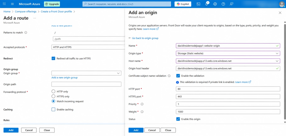 Selecting Azure Storage Static Website as the origin type