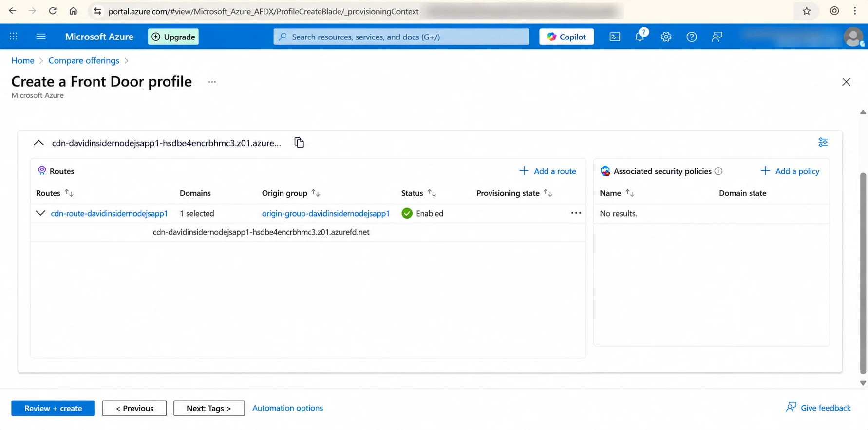 Review and create for the Front Door profile