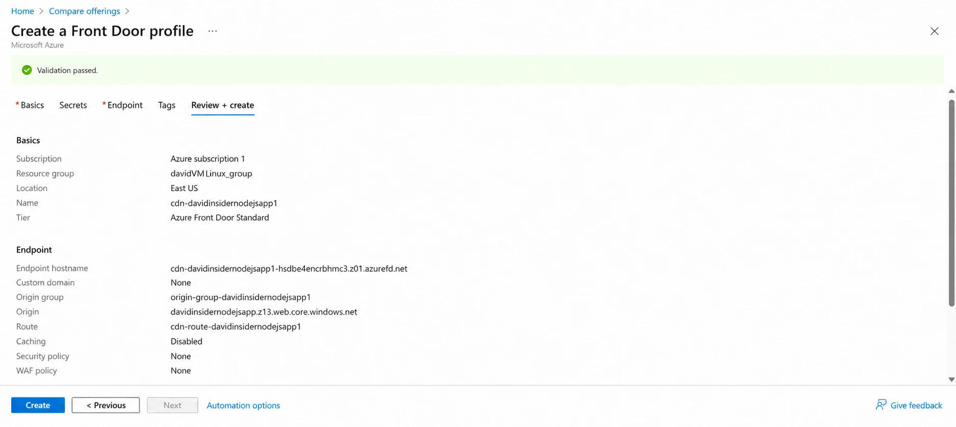 Successful Front Door validation before deployment