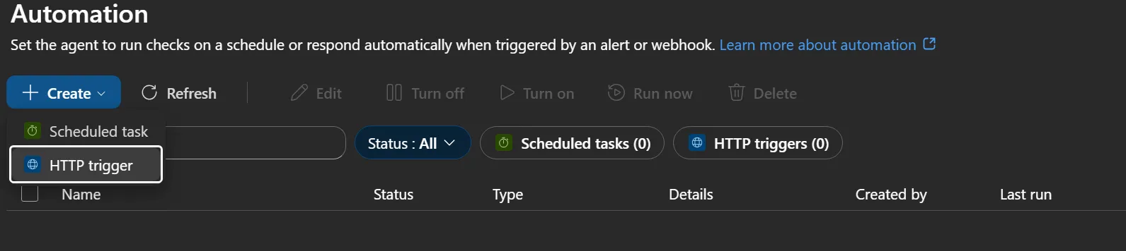 Automation Create menu showing Scheduled task and HTTP trigger
