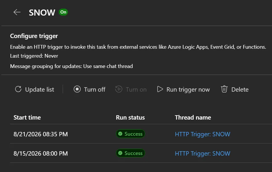 HTTP trigger configuration with trigger status, grouping behavior, and run history