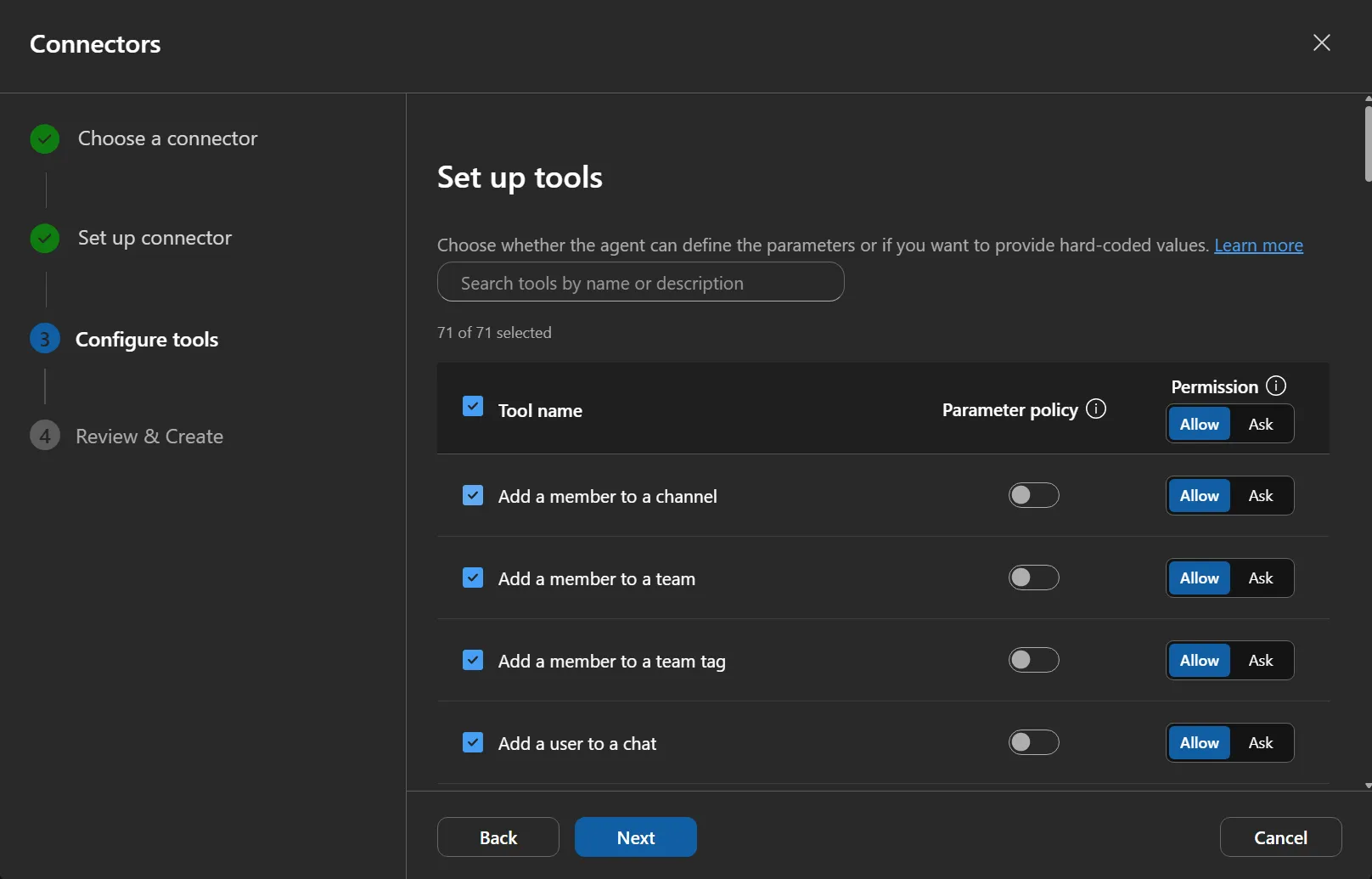 Connector tool configuration with per-tool Allow and Ask permissions