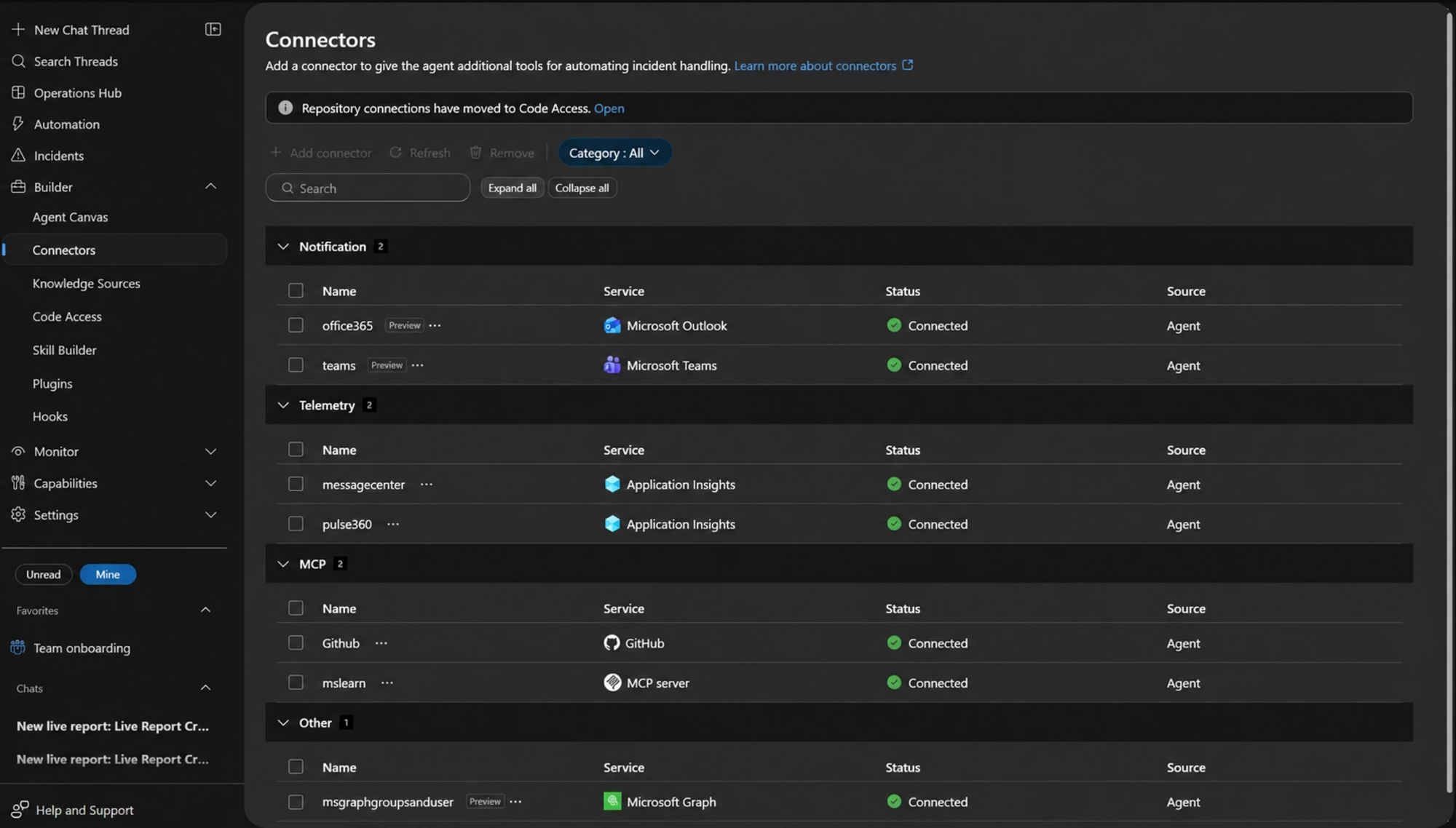 Connectors page grouped by Notification, Telemetry, MCP, and Other