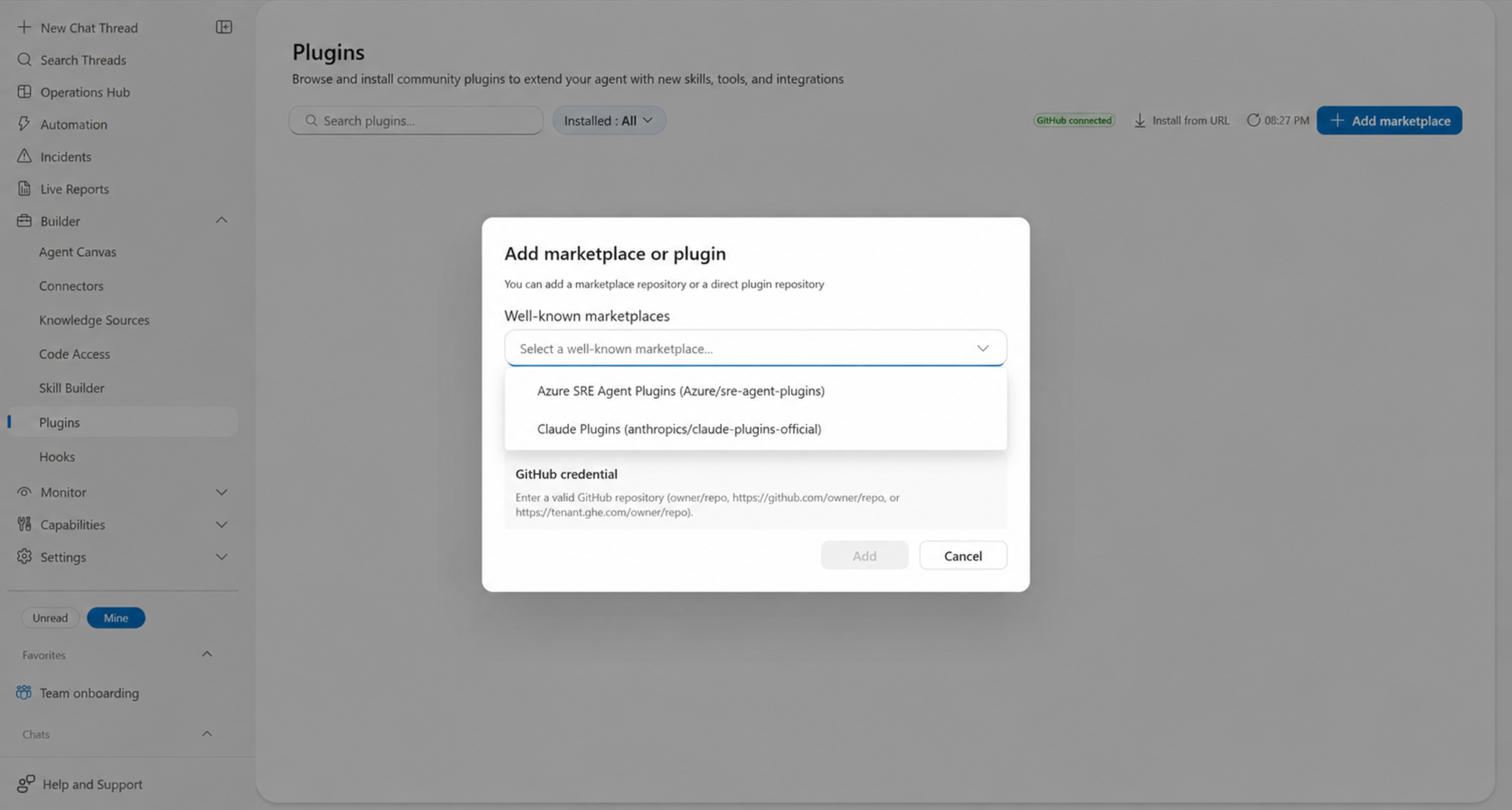 Add Marketplace dialog with Azure and Claude plugin repositories