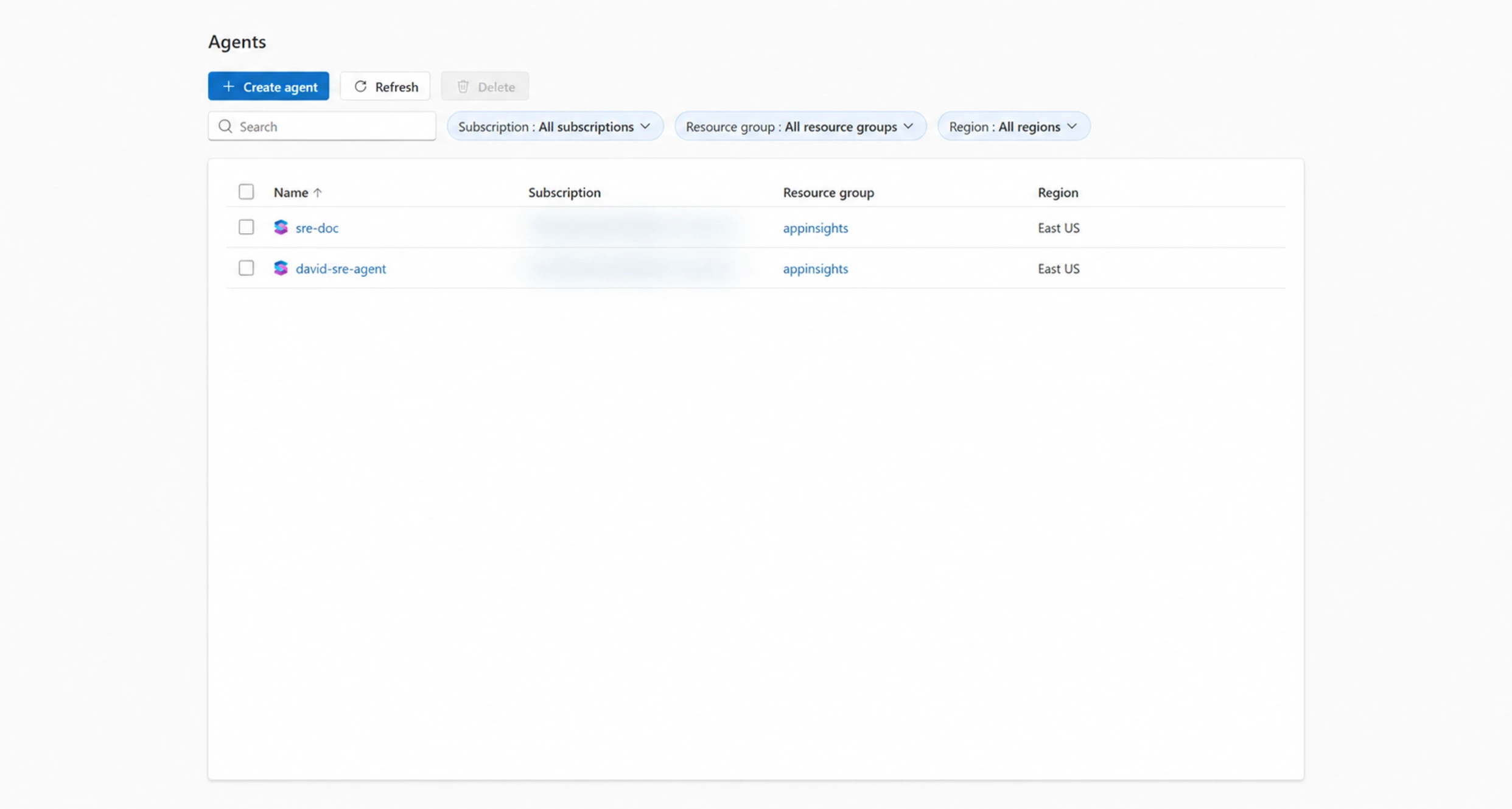 Azure SRE Agent list showing separate agents and their Azure regions
