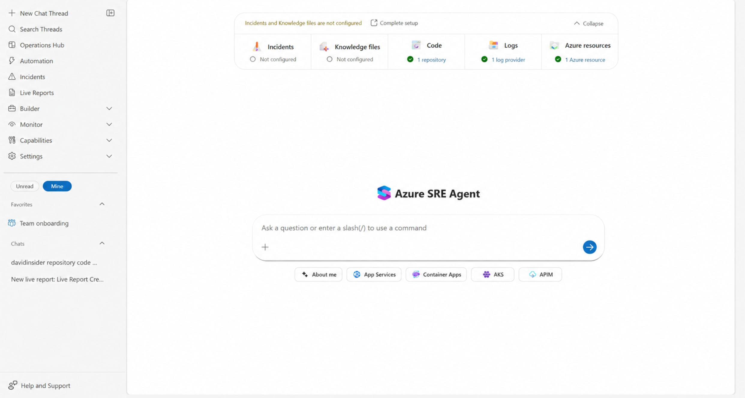 Setup checklist with Incidents and Knowledge unconfigured while Code, Logs, and Azure resources are connected