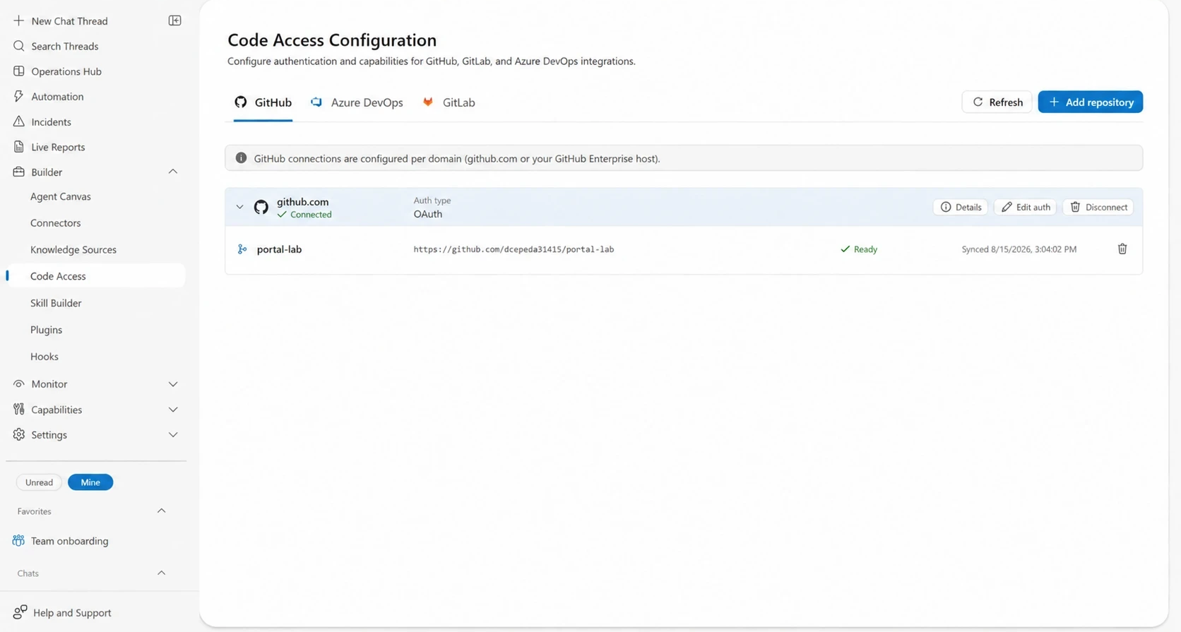 Code Access page with GitHub, Azure DevOps, and GitLab tabs and a synchronized repository