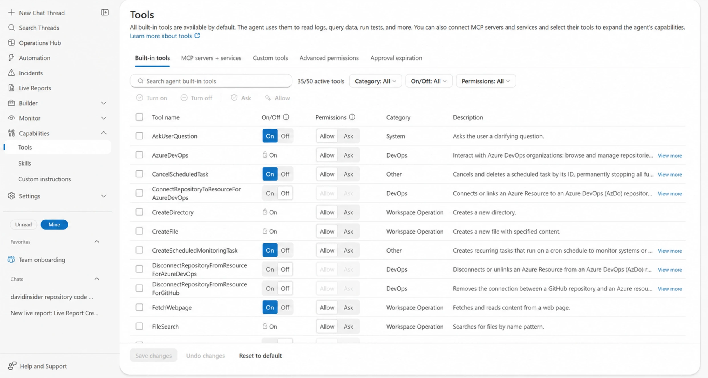 Built-in Tools page showing active tools, categories, and Allow or Ask controls