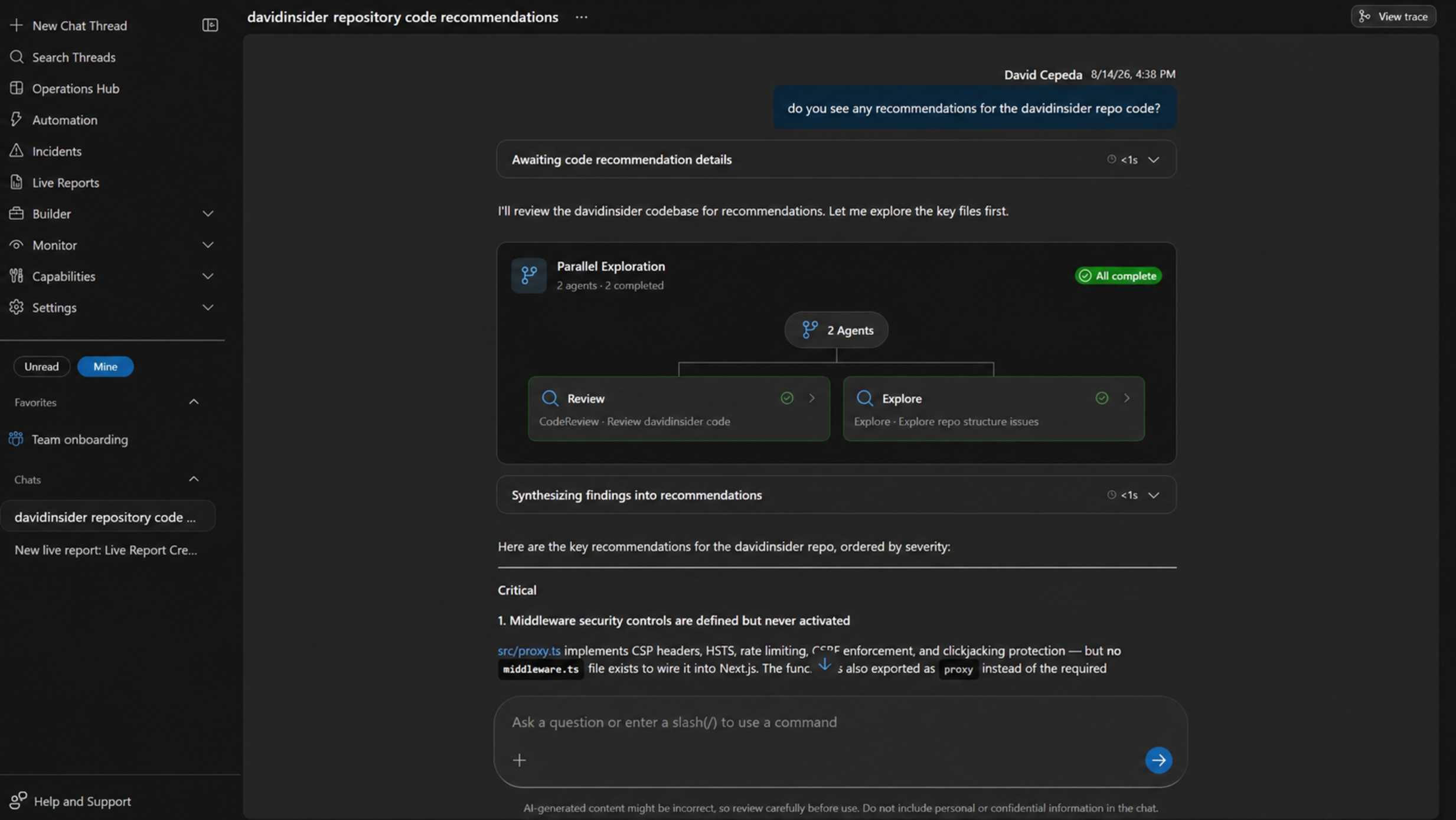 Code review thread showing multiple subagents selected automatically