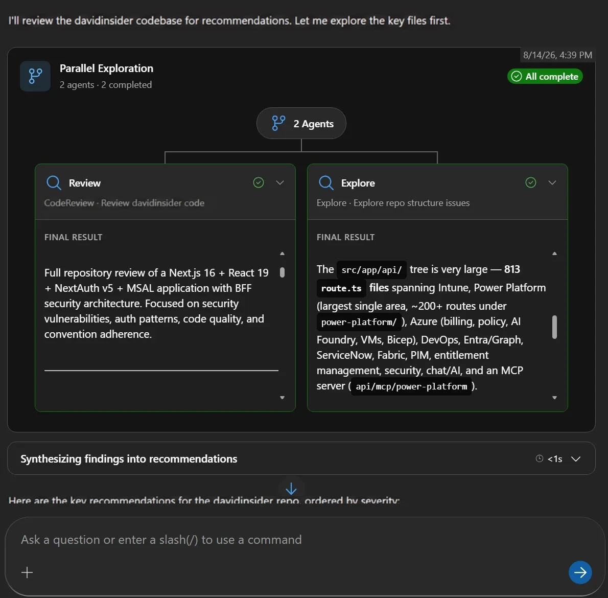 Parallel exploration showing separate CodeReview and Explore results