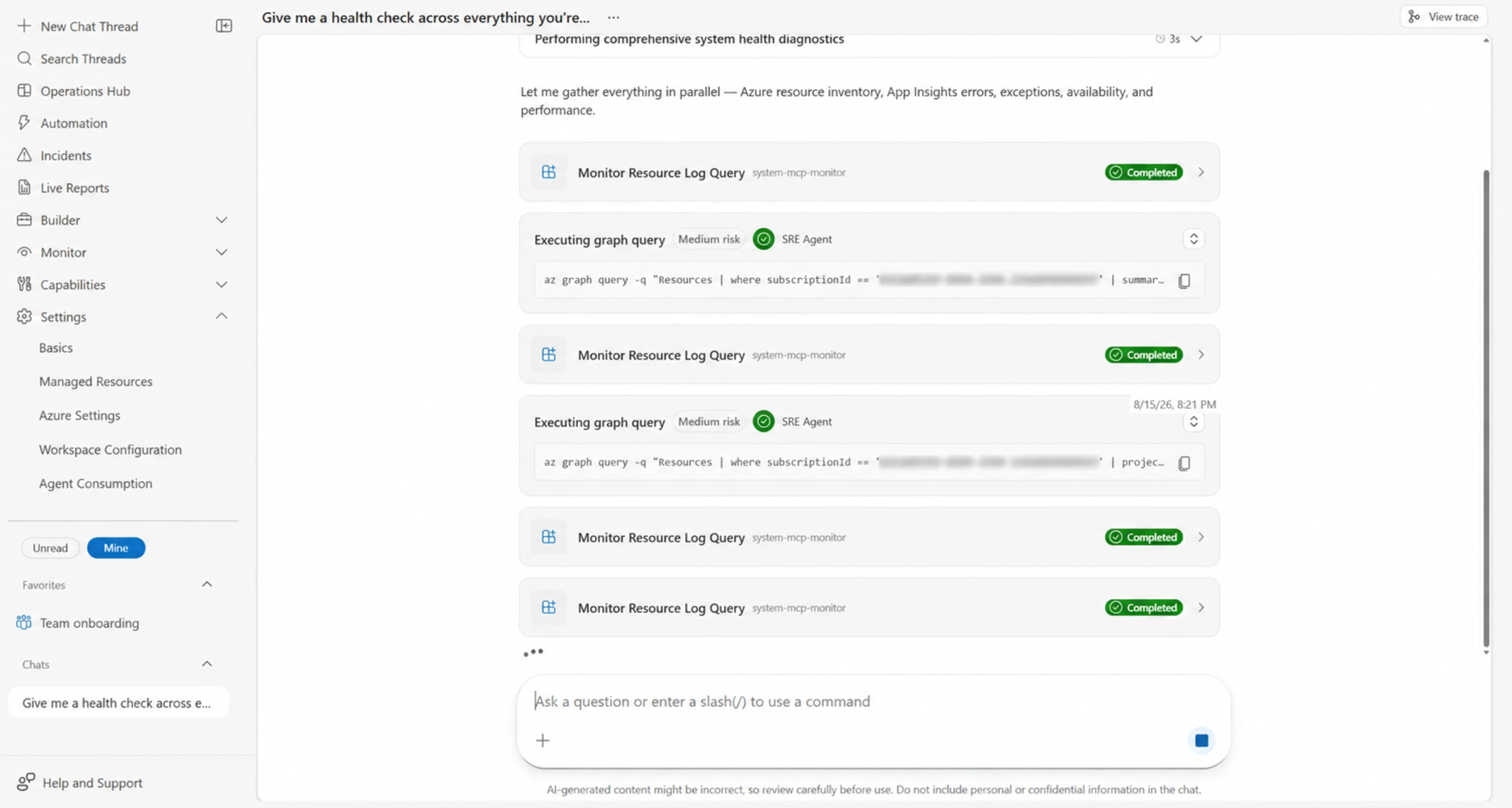 Health-check investigation in progress with visible Azure and KQL queries