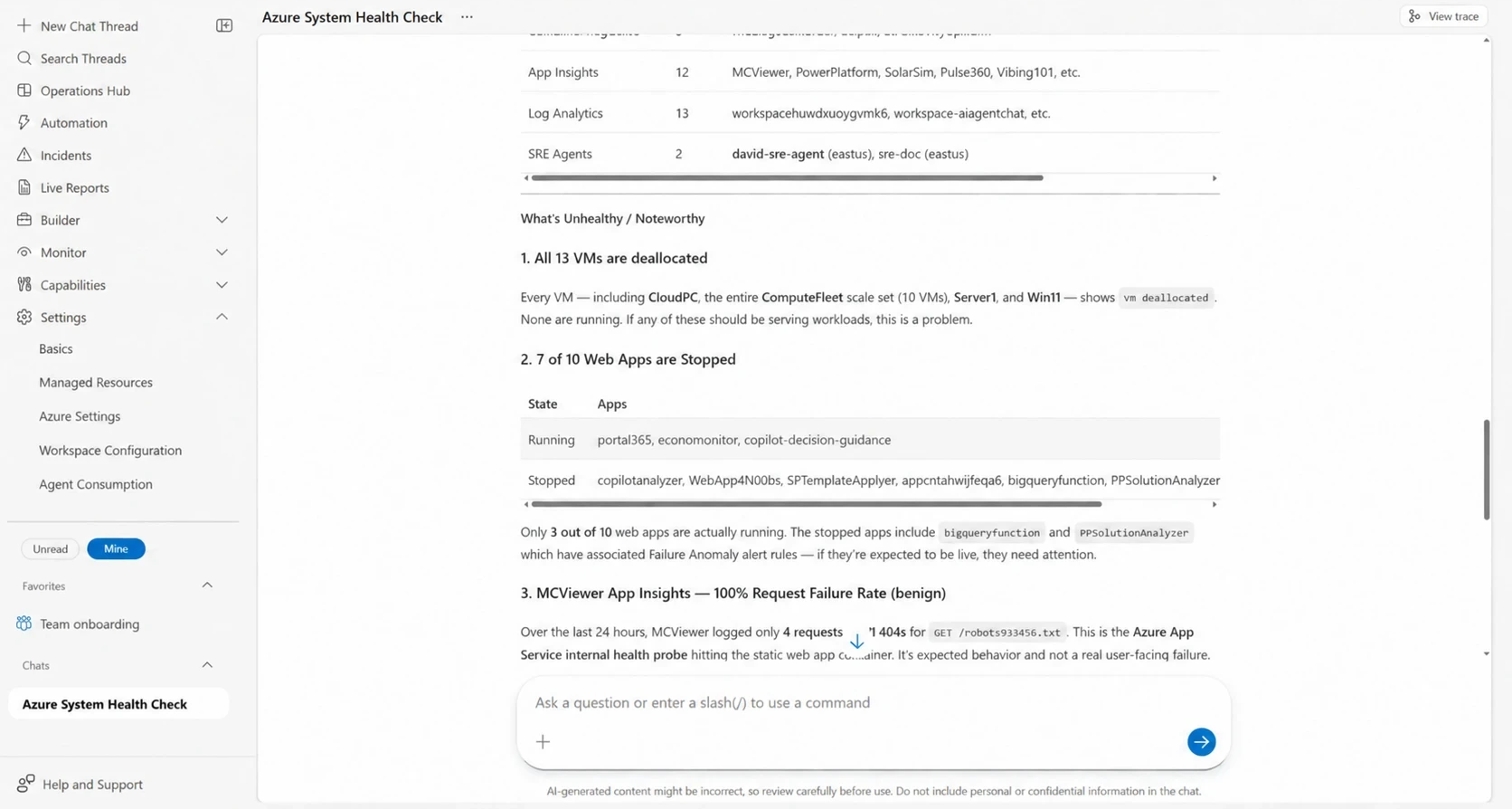 Health-check findings listing stopped resources and telemetry issues