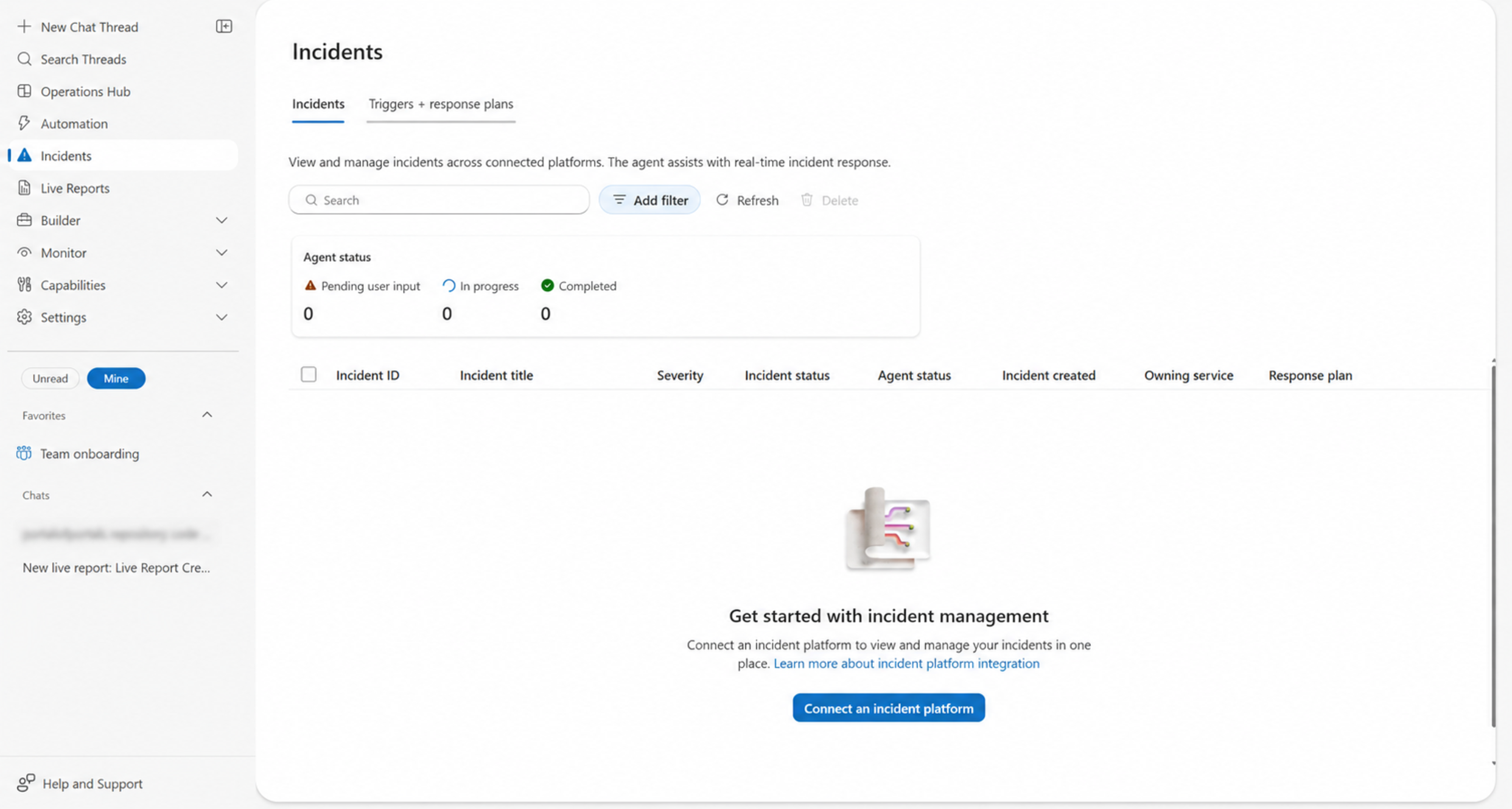 Incidents blade before an incident platform is connected