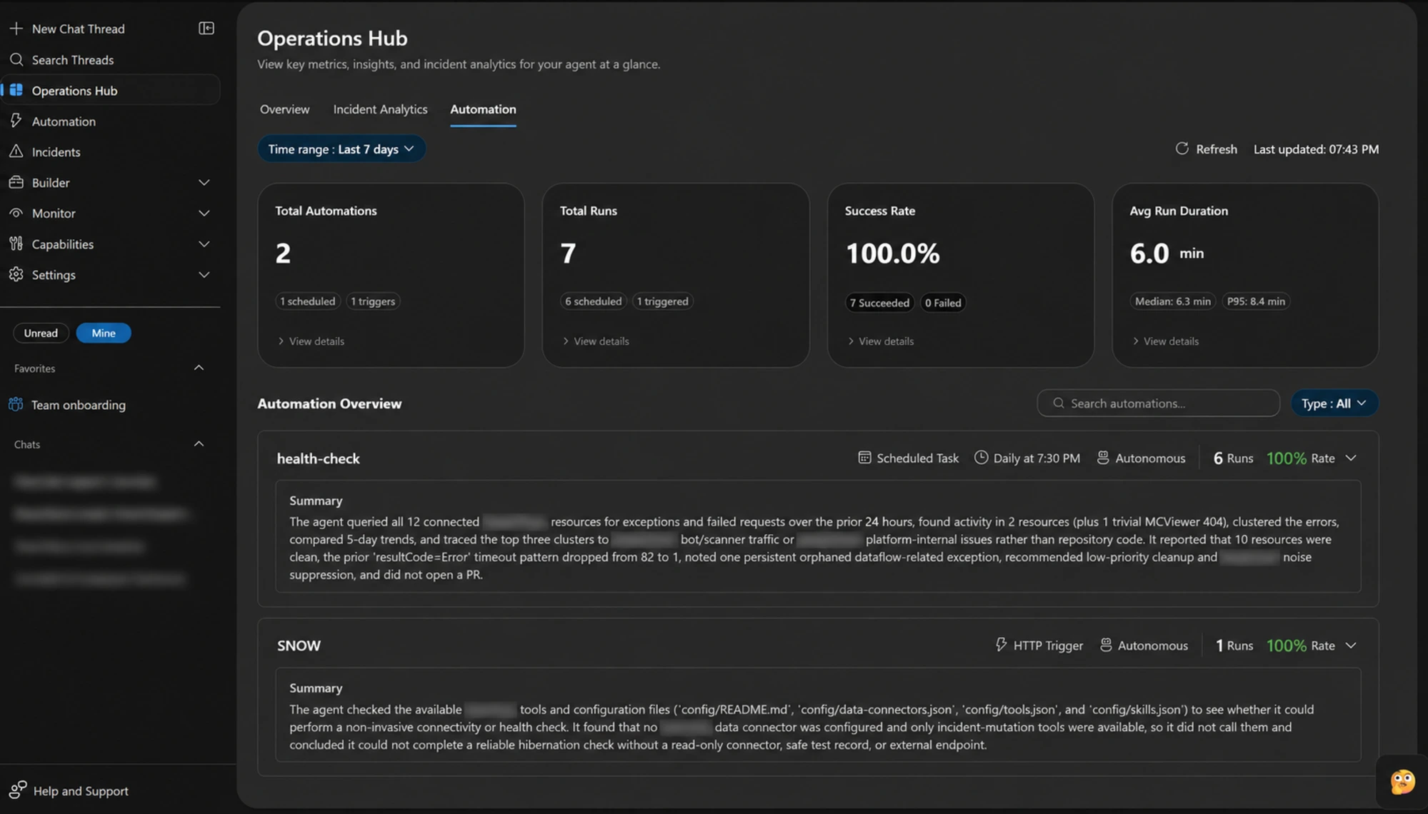 Automation Hub view showing automation runs, summaries, success status, and duration