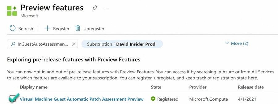 The older guest automatic patch-assessment registration screen.