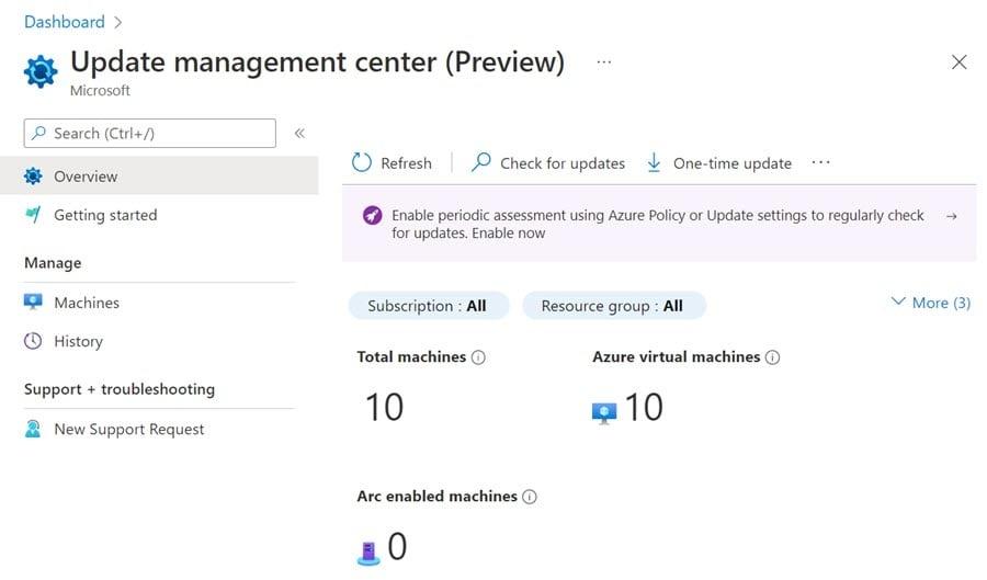 The central Azure Update Manager dashboard.