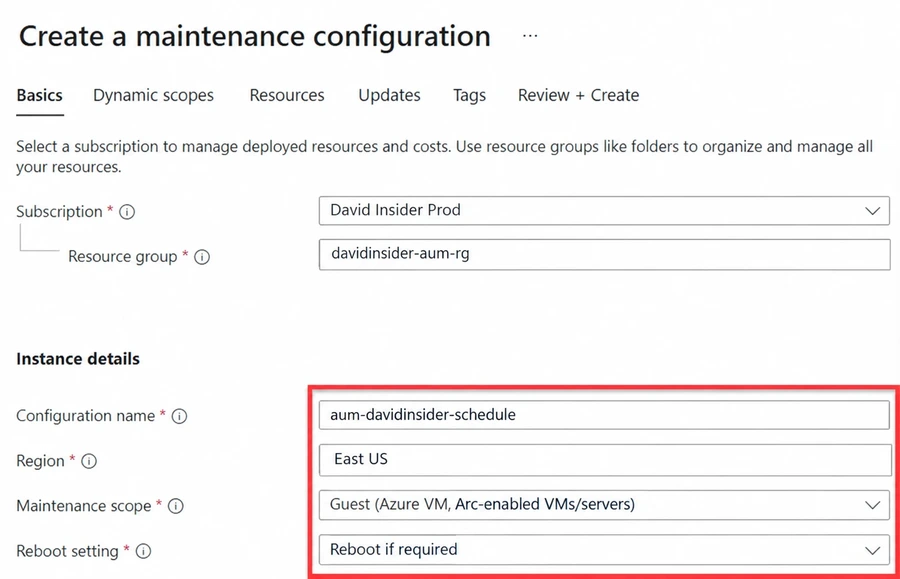 Creating an Azure maintenance configuration.