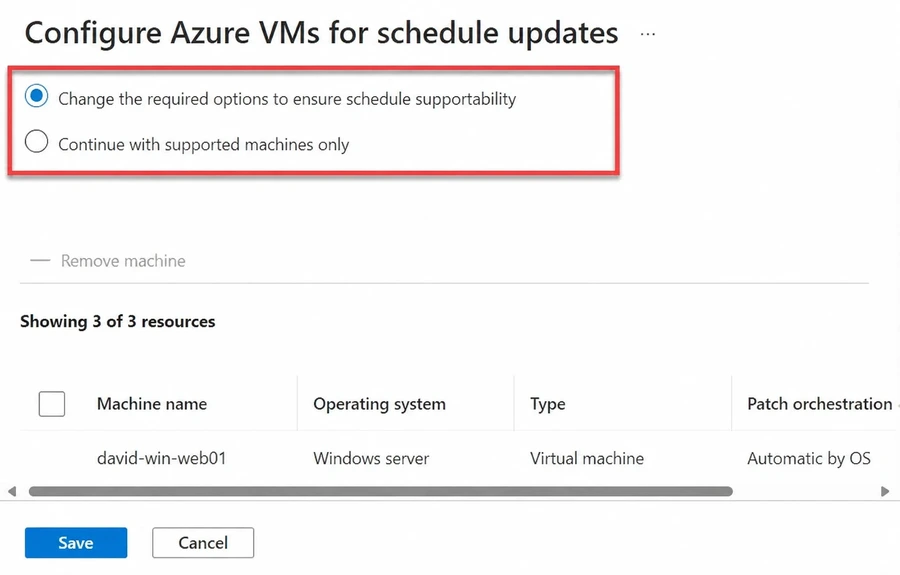 Configuring Azure VMs for scheduled updates.