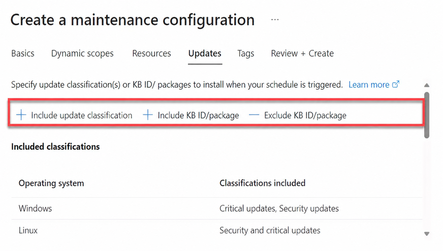 Selecting update classifications and specific updates.