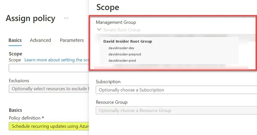 Assigning recurring-update policy at management-group scope.