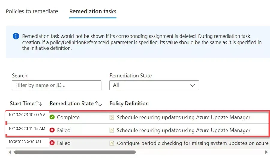 Remediation tasks for the recurring-update policy. One completed and one failed.