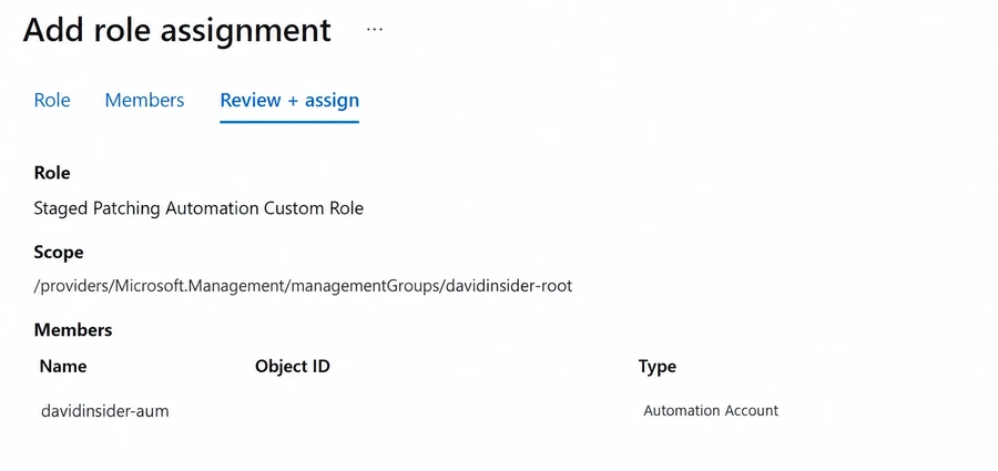 Assigning the staged-patching custom role to the Automation Account identity.