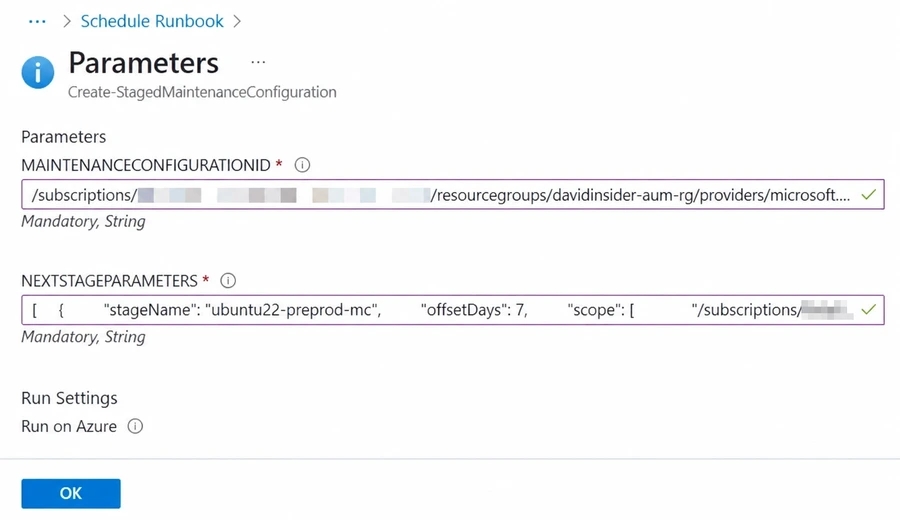 Parameters for the next staged maintenance configuration.