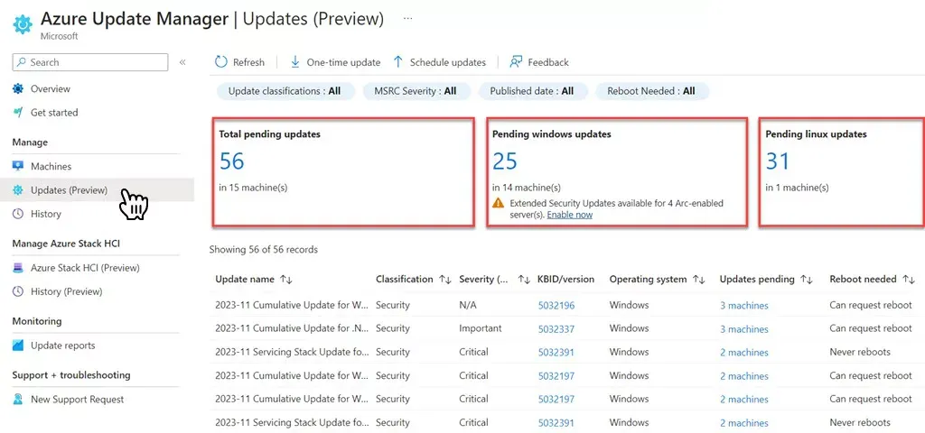 The pending-updates view in Azure Update Manager.
