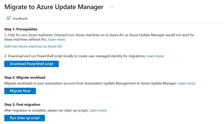 The guided migration to Azure Update Manager.