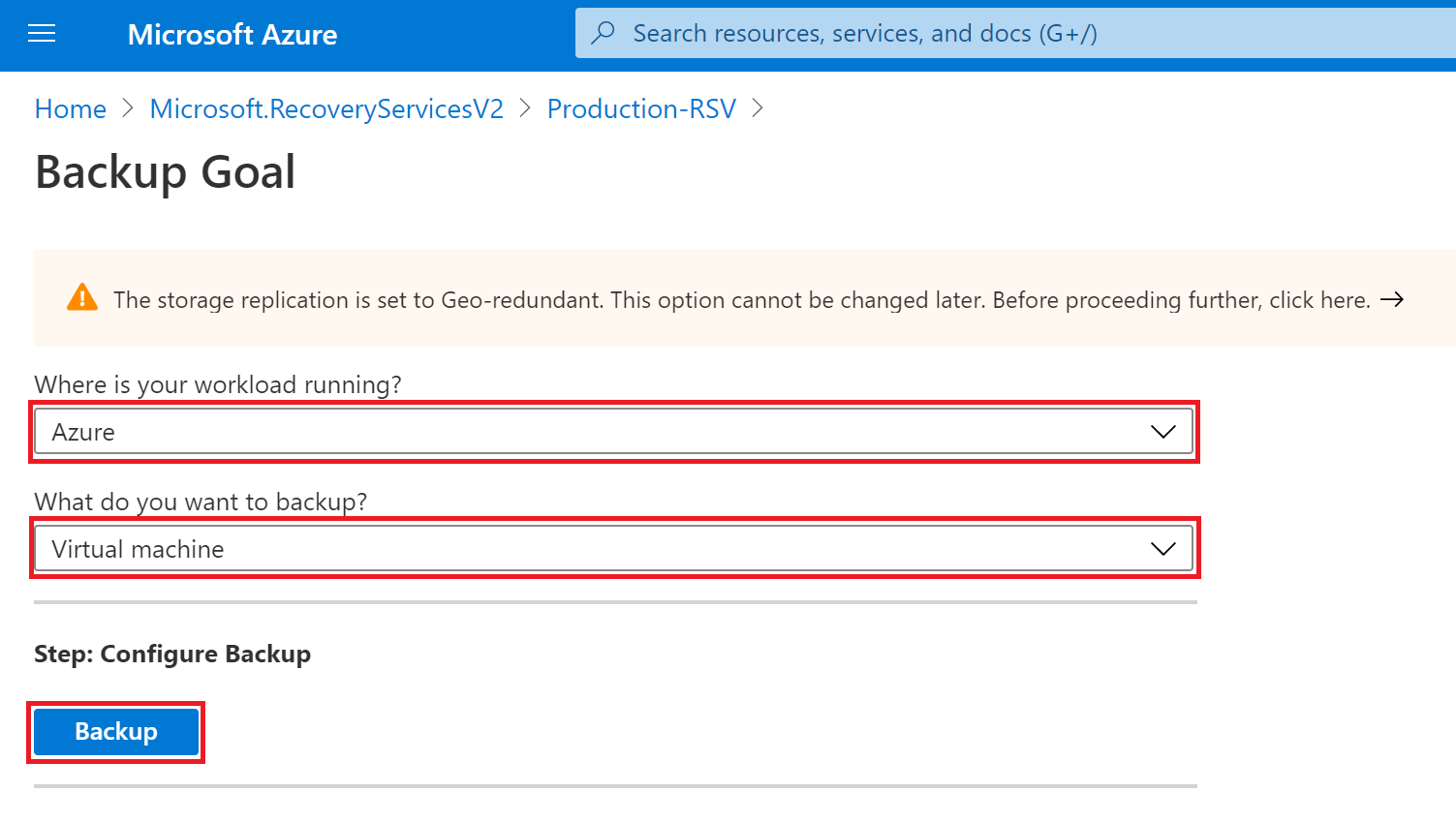 Selecting Azure Virtual Machine as the backup workload.