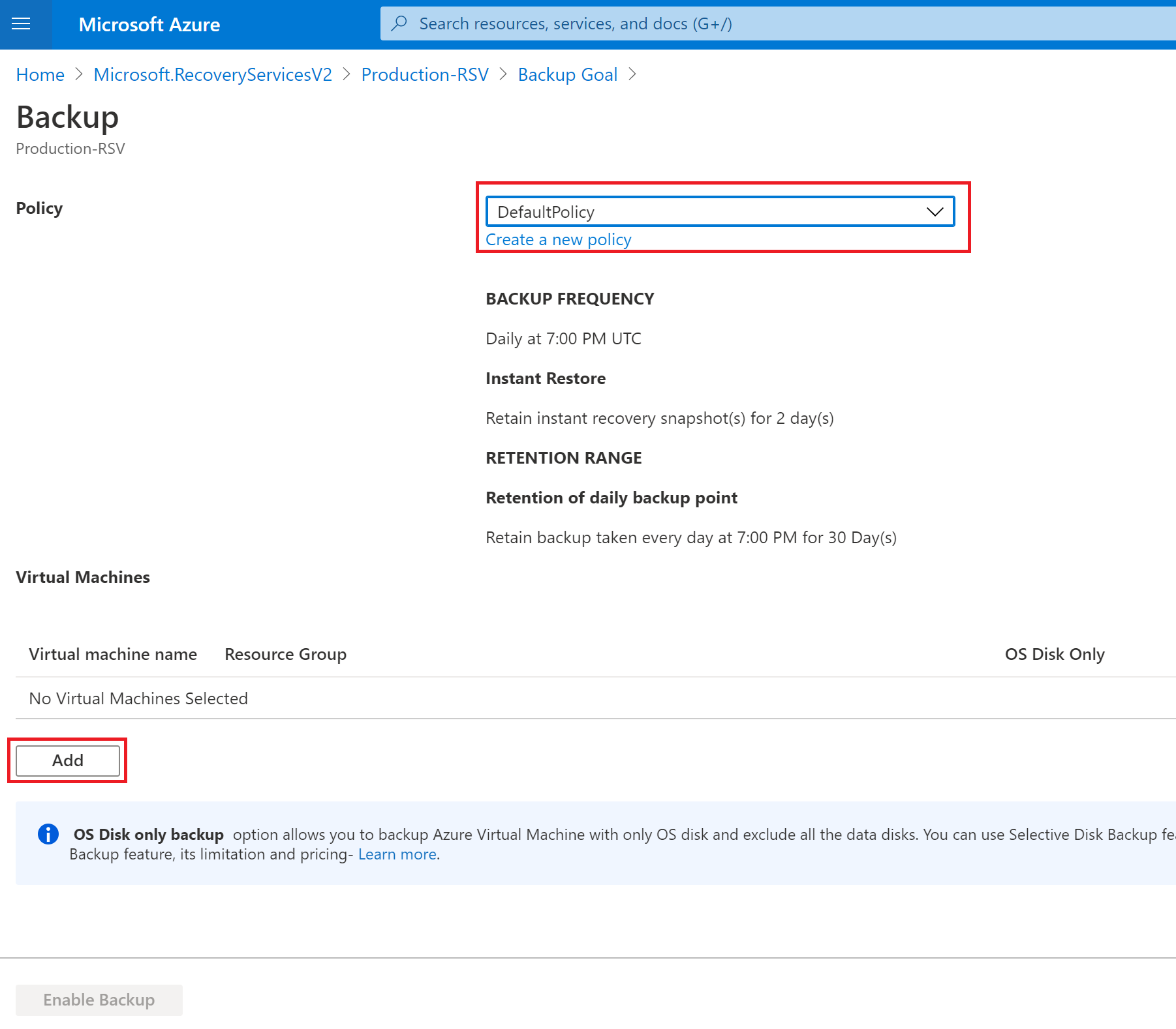 Reviewing the Azure VM backup policy.