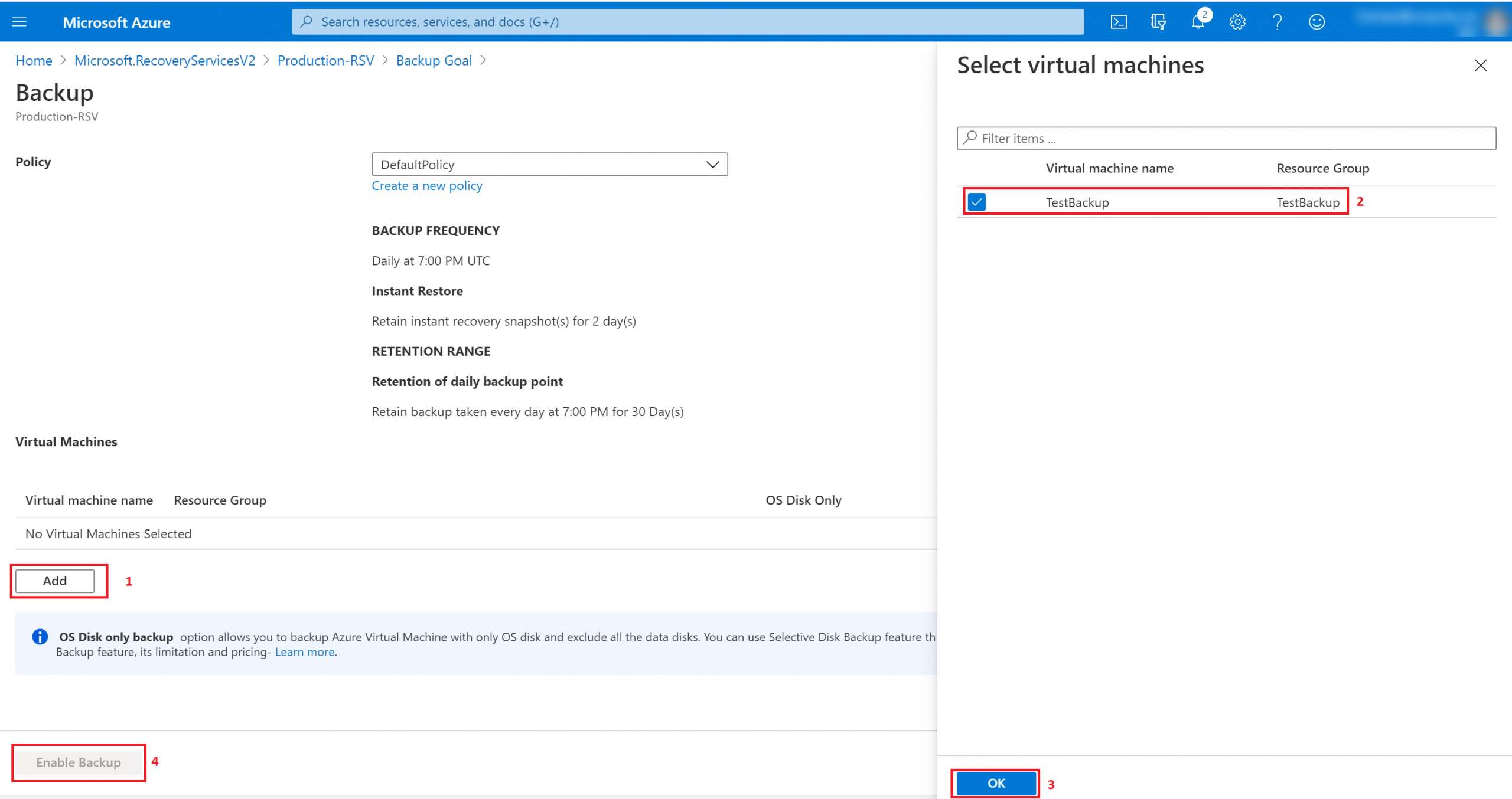 Selecting the Azure VM to protect.